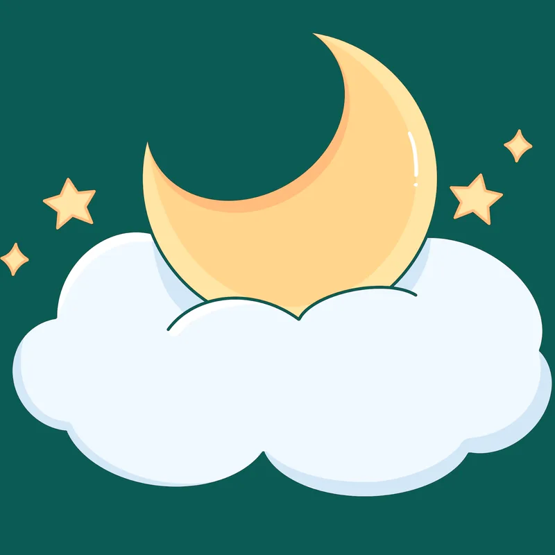 Illustration of a crescent moon, clouds, and stars against a teal night sky